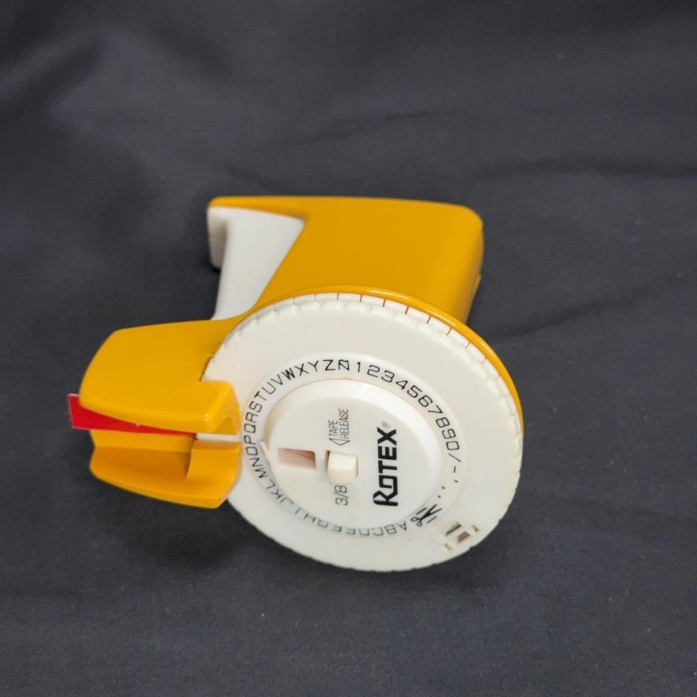 Vintage Rotex 3/8in Embossing Label Maker Yellow Handheld USA Primark Tape Gun